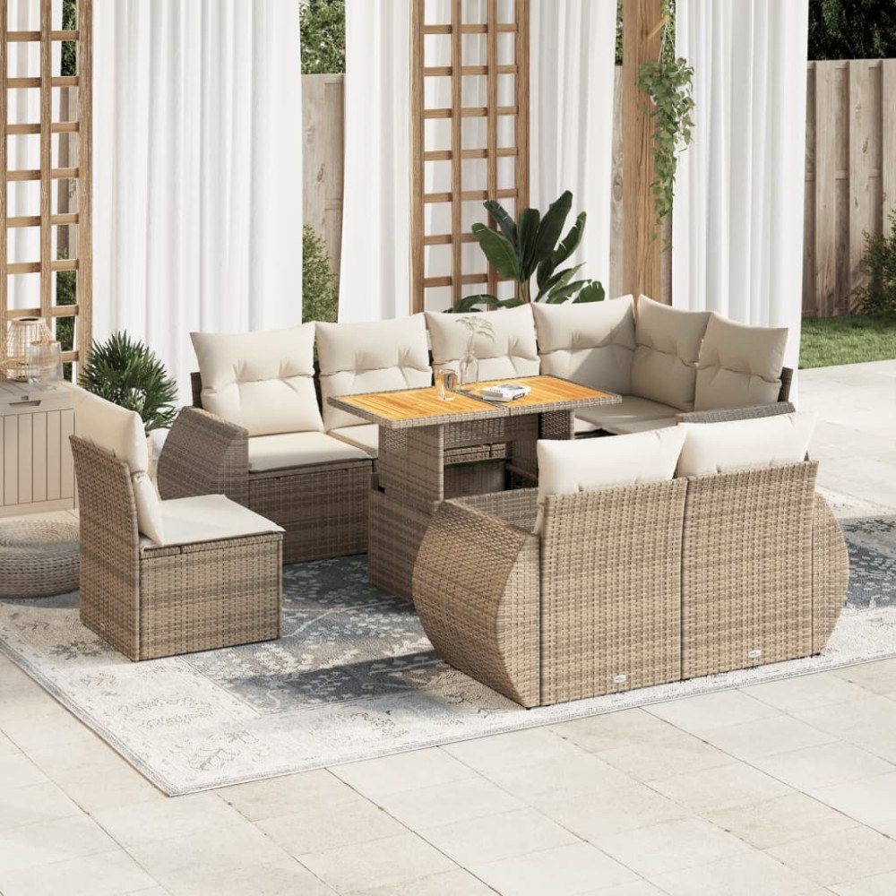 vidaXL Soffgrupp för trädgården med dynor 9 delar beige konstrotting