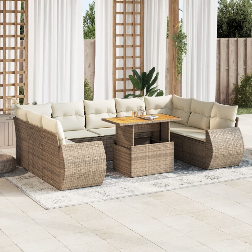 vidaXL Soffgrupp för trädgård med dynor 10 delar beige konstrotting
