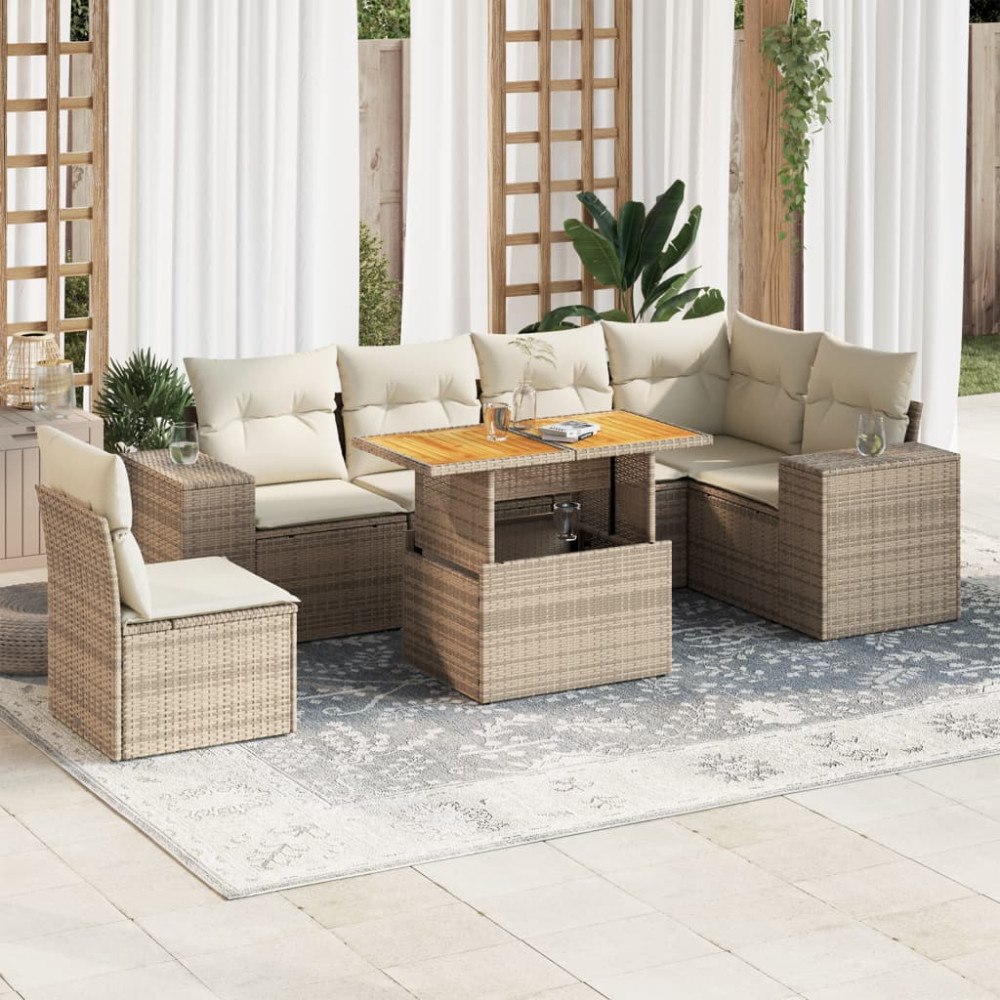vidaXL Matgrupp för trädgården med dynor 7 delar beige konstrotting