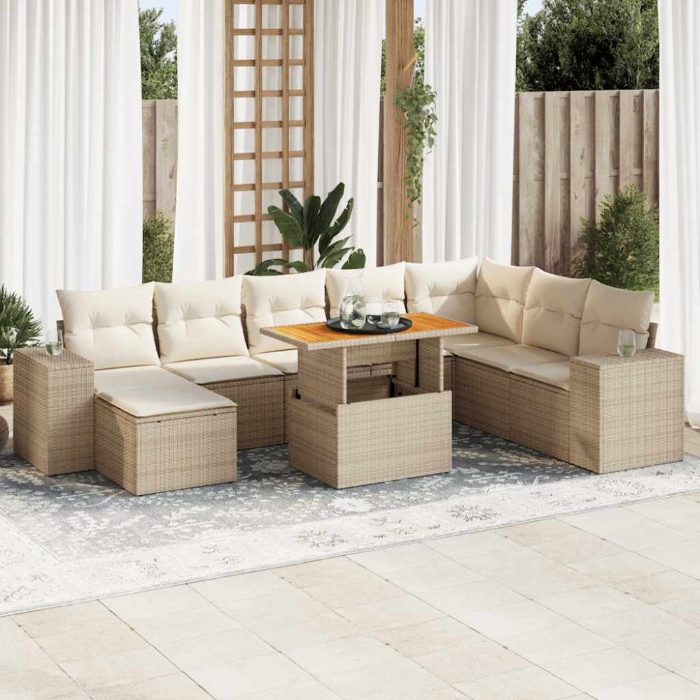 vidaXL Trädgårdssoffset med dynor 9 delar beige konstrotting akaciaträ