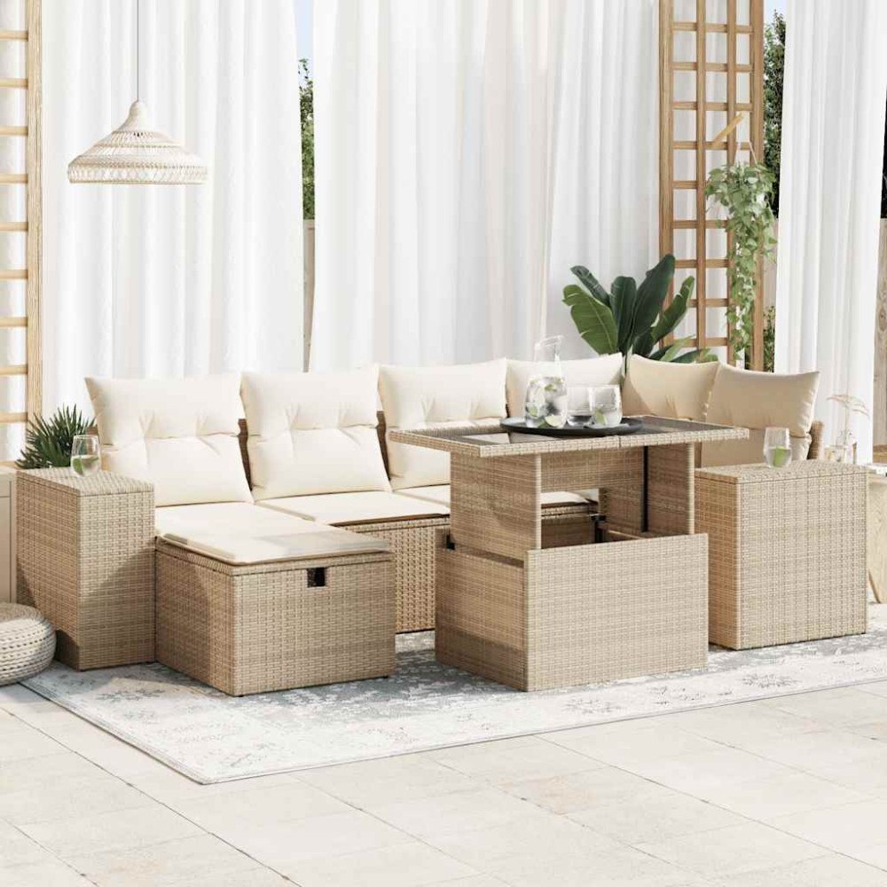 vidaXL Matgrupp för trädgården med dynor 8 delar beige konstrotting