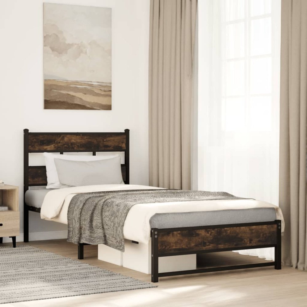 vidaXL Sängram utan madrass metall rökfärgad ek 75x190 cm