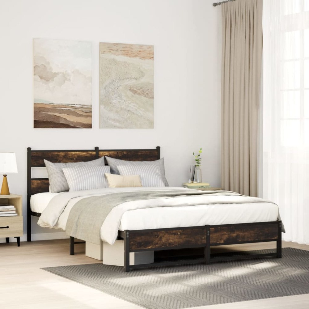 vidaXL Sängram utan madrass metall rökfärgad ek 150x200 cm