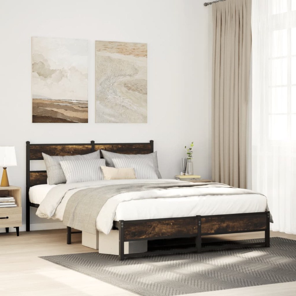 vidaXL Sängram utan madrass metall rökfärgad ek 160x200 cm