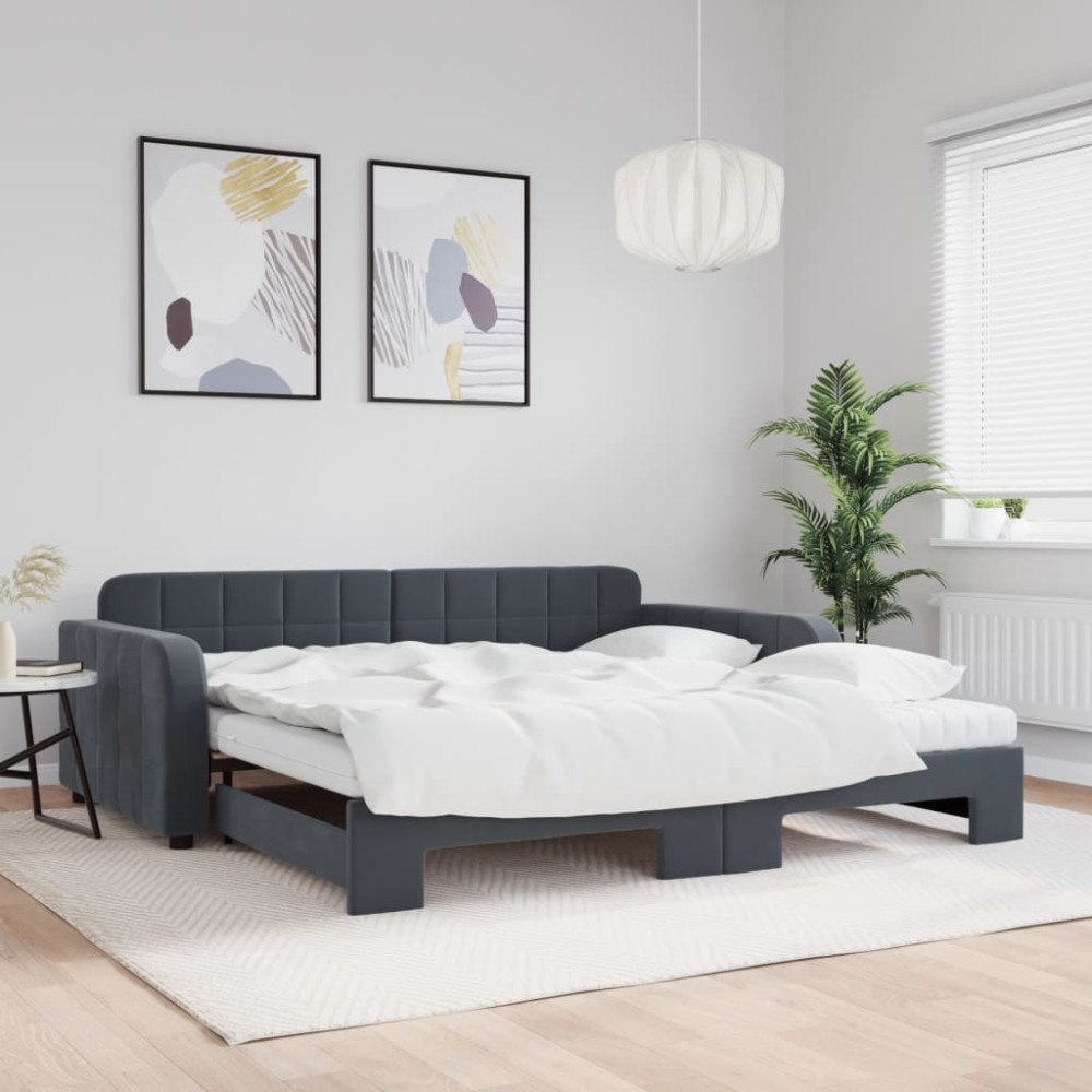 vidaXL Dagbädd utdragbar och madrasser mörkgrå 100x200 cm sammet