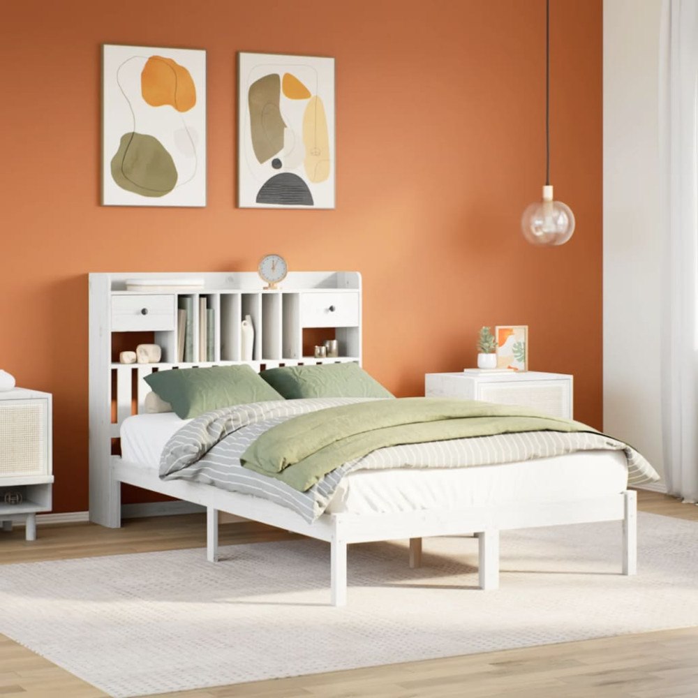 vidaXL Säng med bokhylla utan madrass vit 135x190cm massiv furu