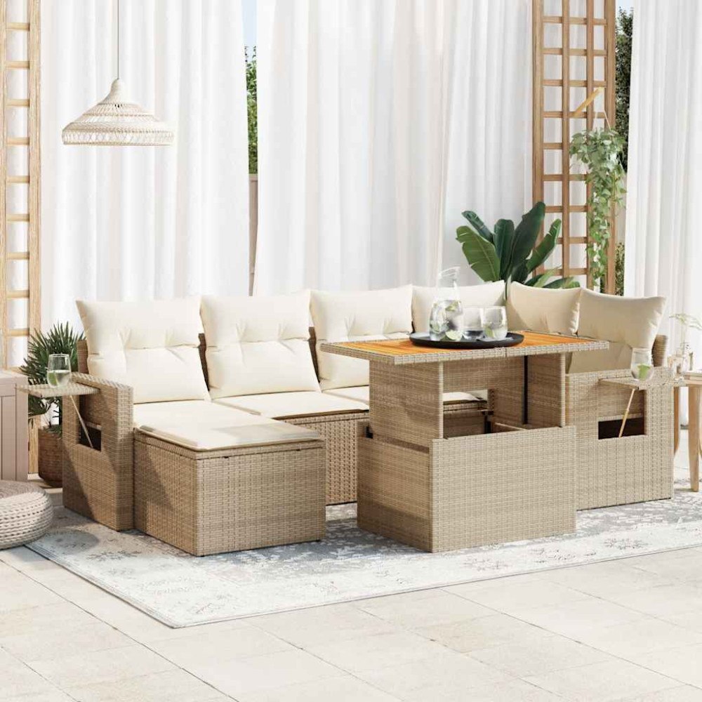 vidaXL Matgrupp för trädgården med dynor 7 delar beige konstrotting