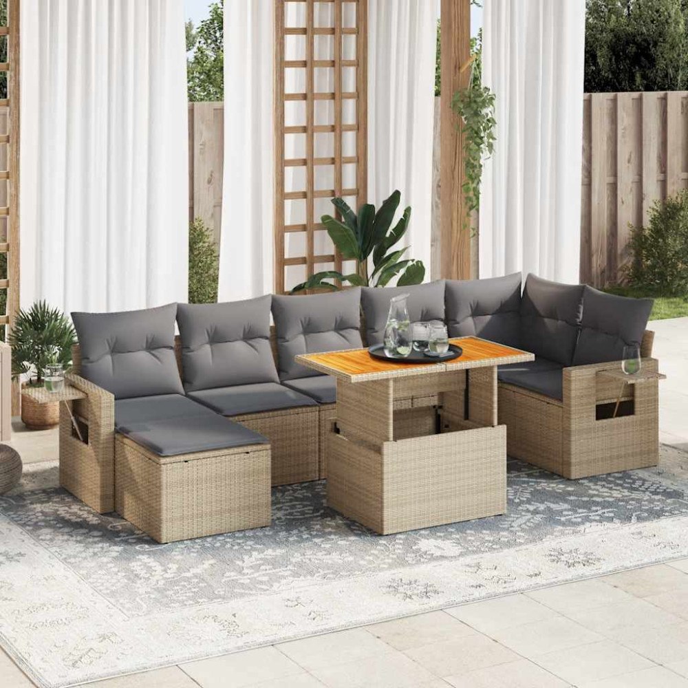 vidaXL Matgrupp för trädgården med dynor 8 delar beige konstrotting