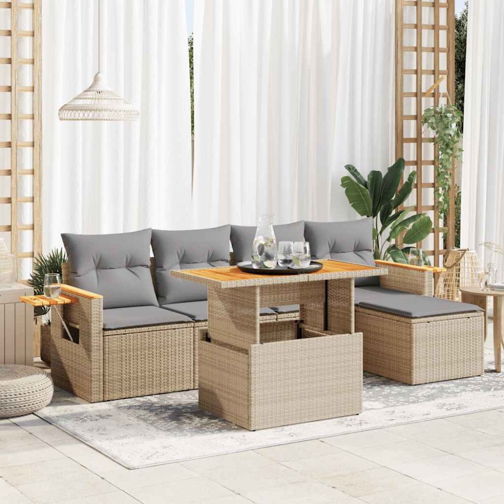 vidaXL Trädgårdssoffset med dynor 6 delar beige konstrotting akaciaträ