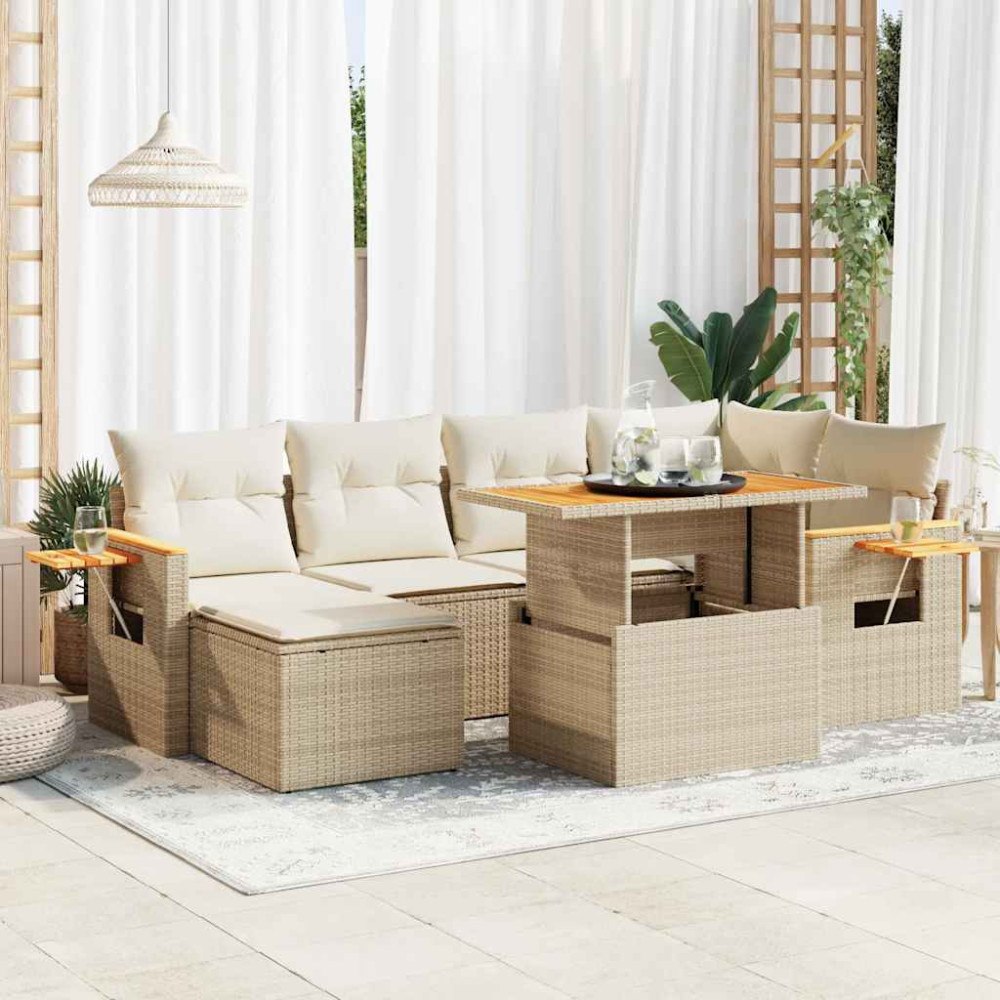 vidaXL Trädgårdssoffset med dynor 7 delar beige konstrotting akaciaträ