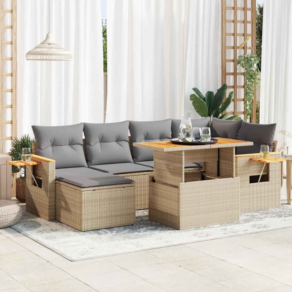 vidaXL Trädgårdssoffset med dynor 7 delar beige konstrotting akaciaträ