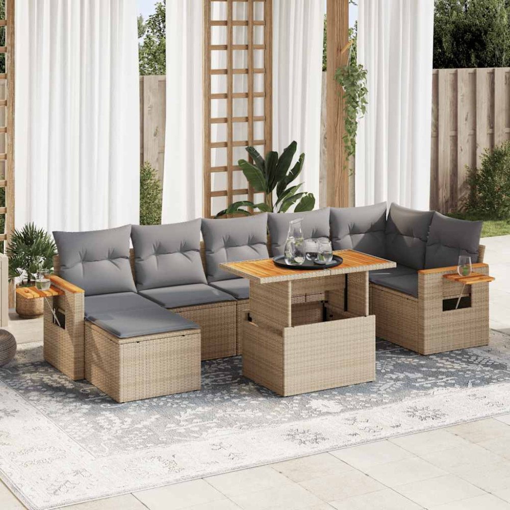 vidaXL Trädgårdssoffset med dynor 8 delar beige konstrotting akaciaträ