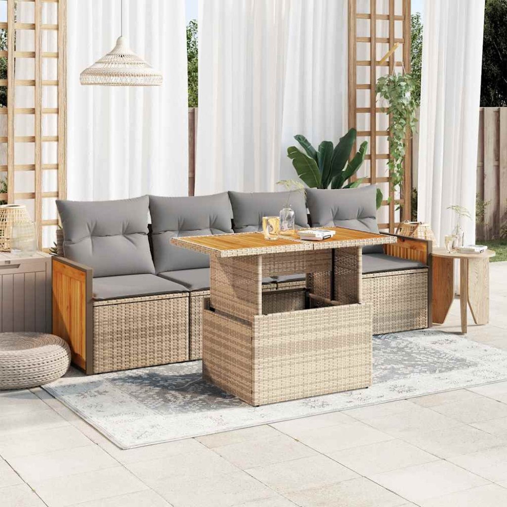 vidaXL Soffgrupp för trädgården med dynor 5 delar beige konstrotting