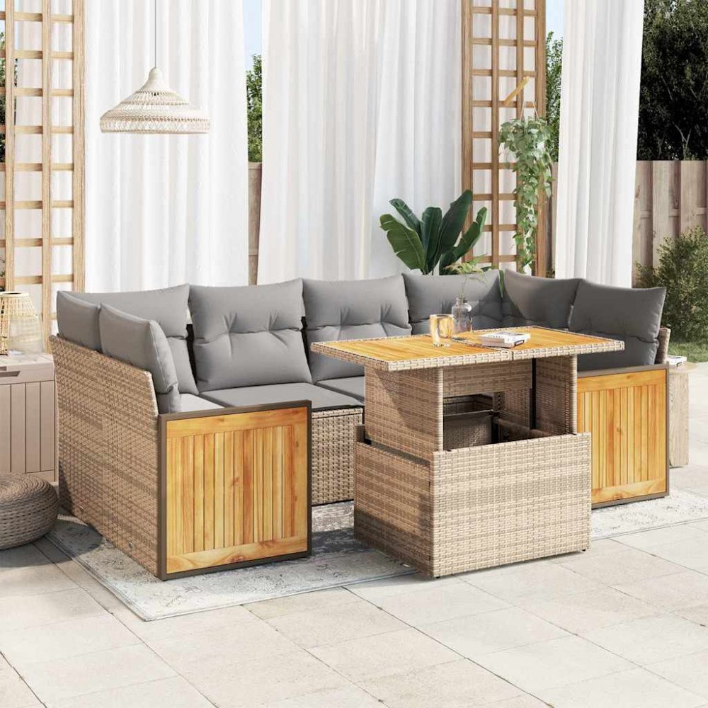 vidaXL Trädgårdssoffset med dynor 7 delar beige konstrotting akaciaträ