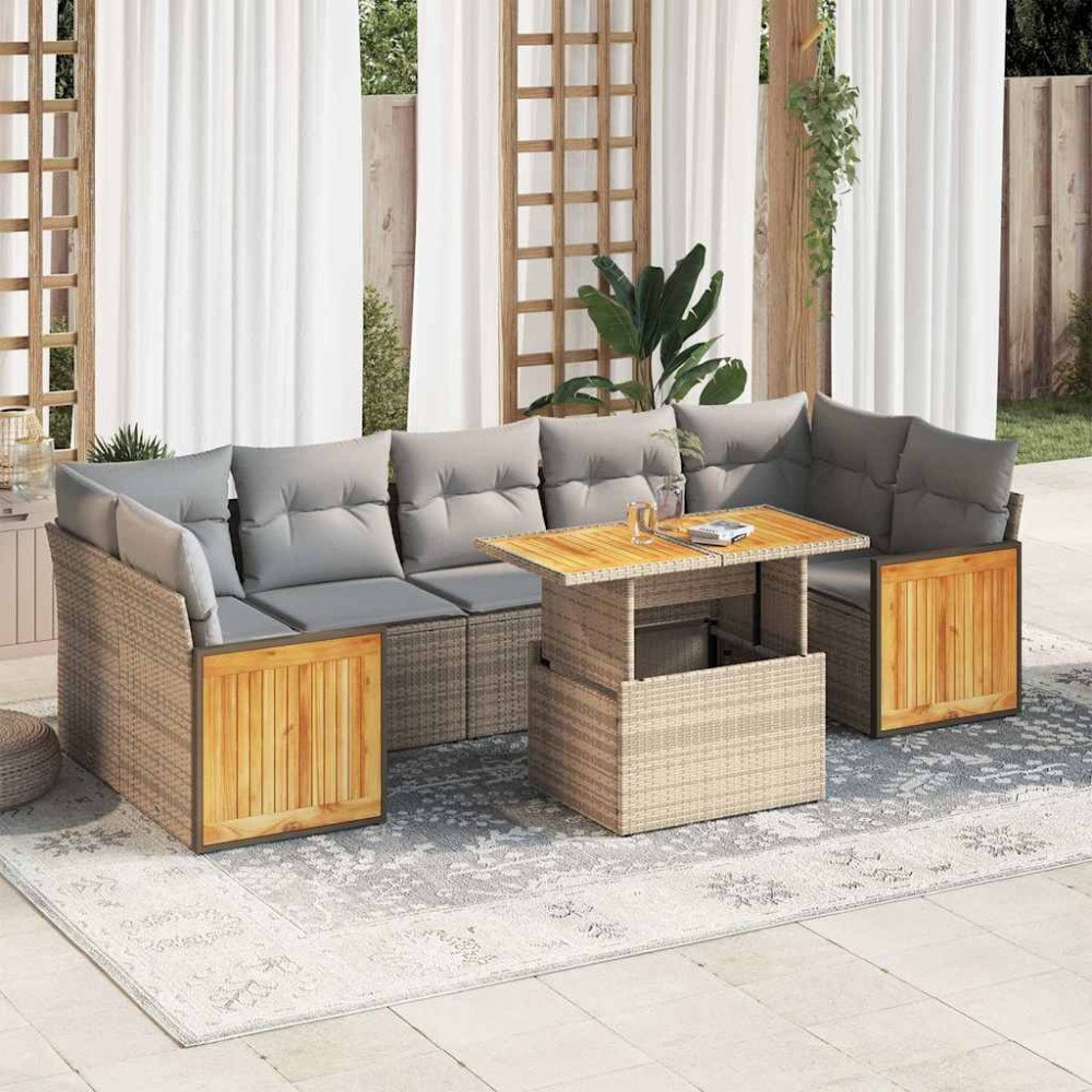 vidaXL Trädgårdssoffset med dynor 8 delar beige konstrotting akaciaträ