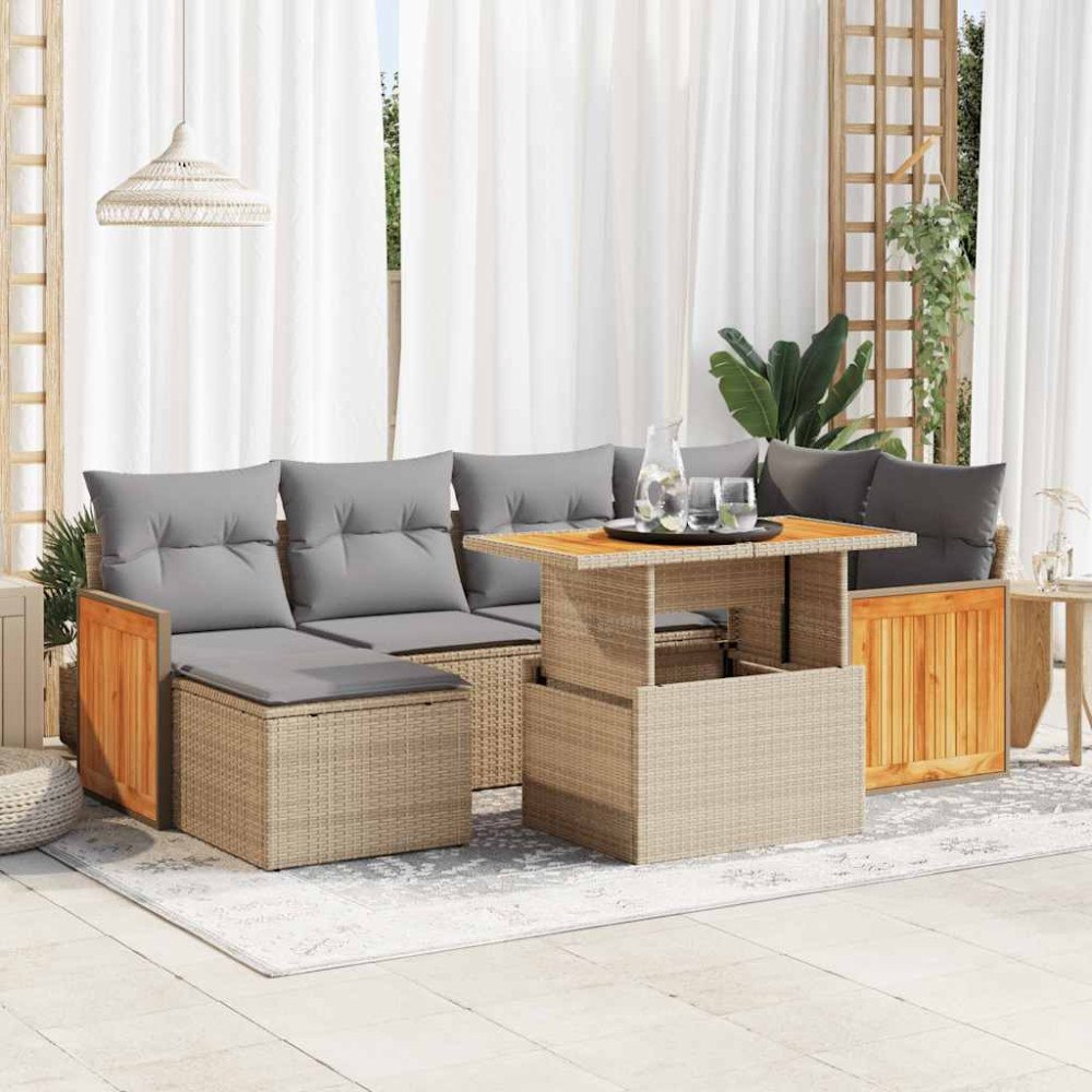 vidaXL Trädgårdssoffset med dynor 7 delar beige konstrotting akaciaträ
