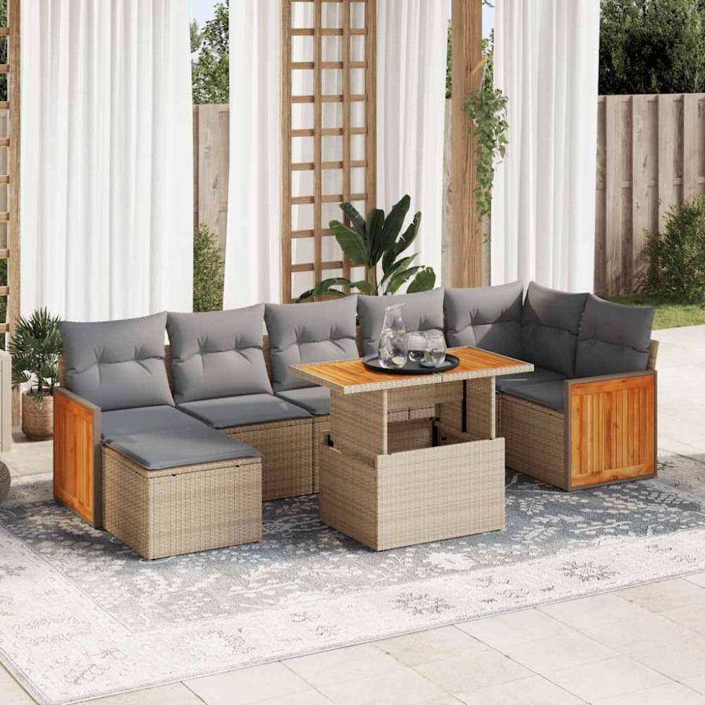 vidaXL Trädgårdssoffset med dynor 8 delar beige konstrotting akaciaträ