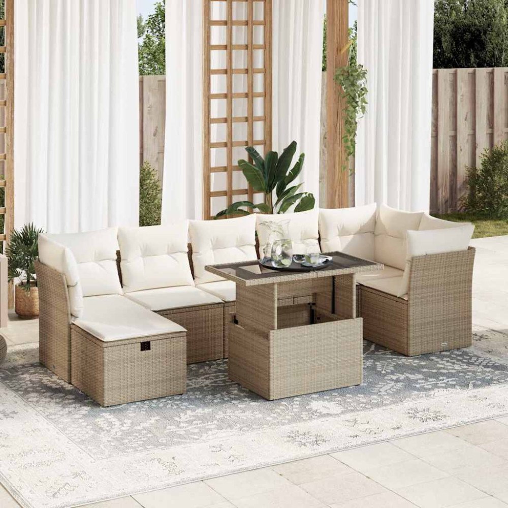 vidaXL Matgrupp för trädgården med dynor 8 delar beige konstrotting