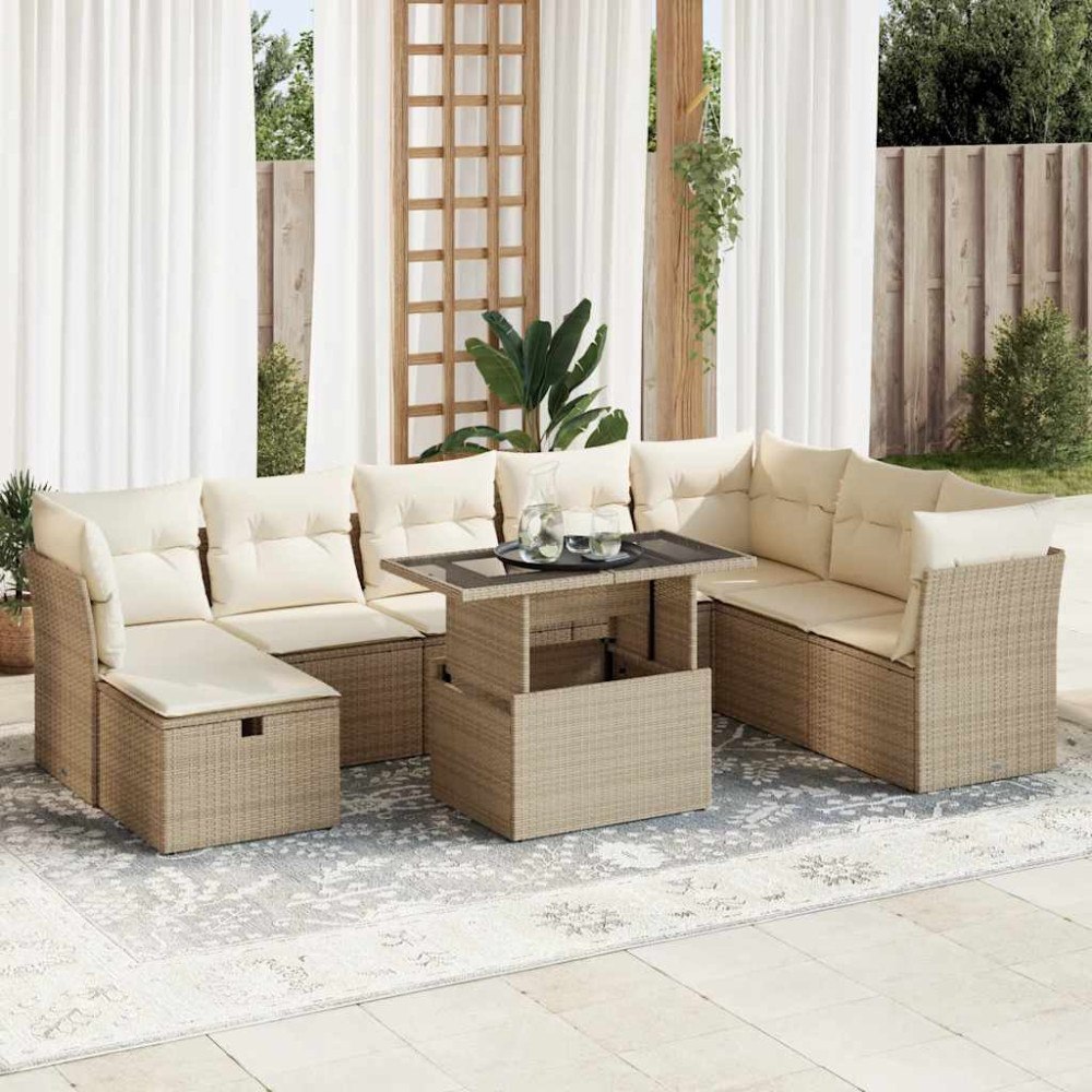 vidaXL Soffgrupp för trädgården med dynor 9 delar beige konstrotting