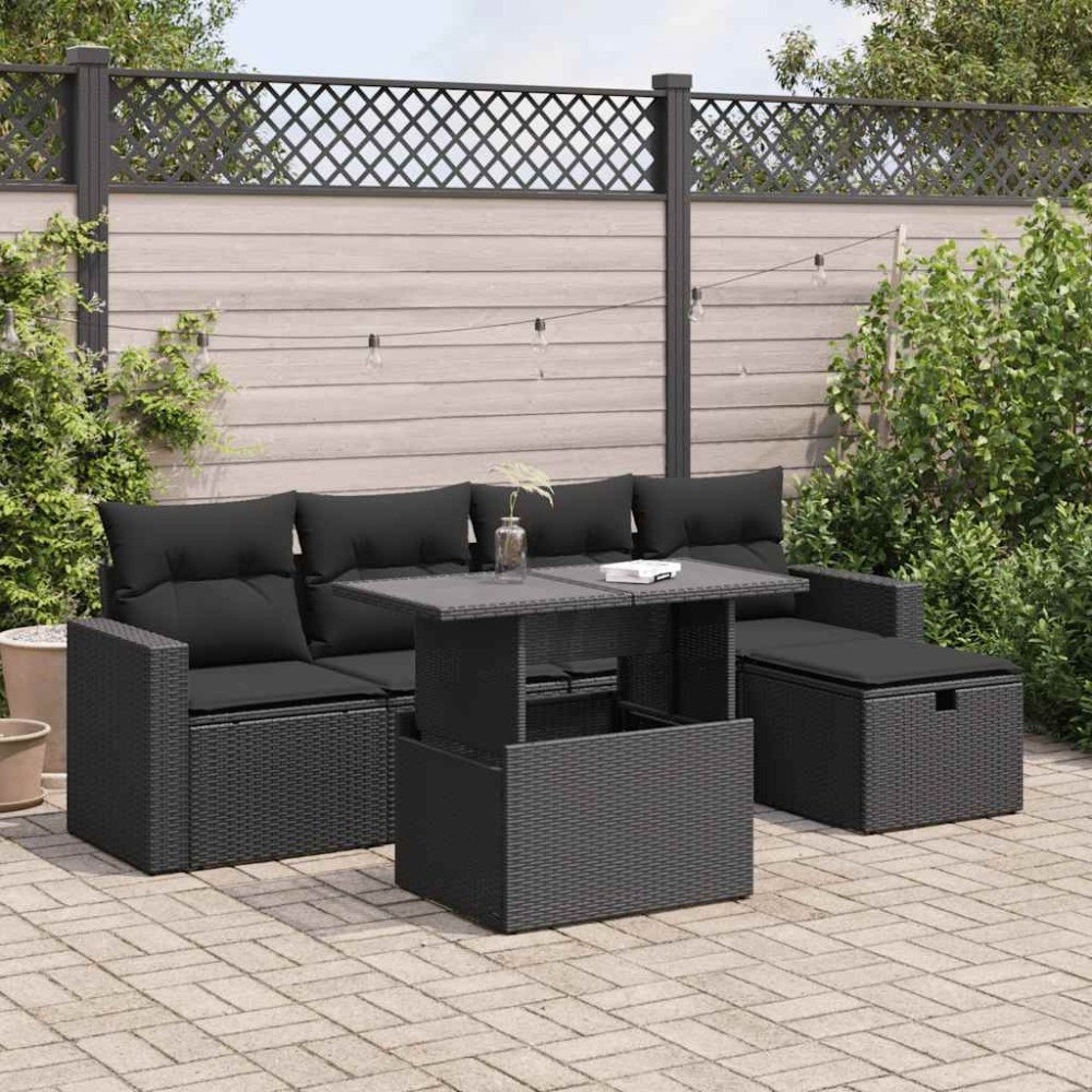 vidaXL Loungegrupp med dynor 6 delar svart konstrotting
