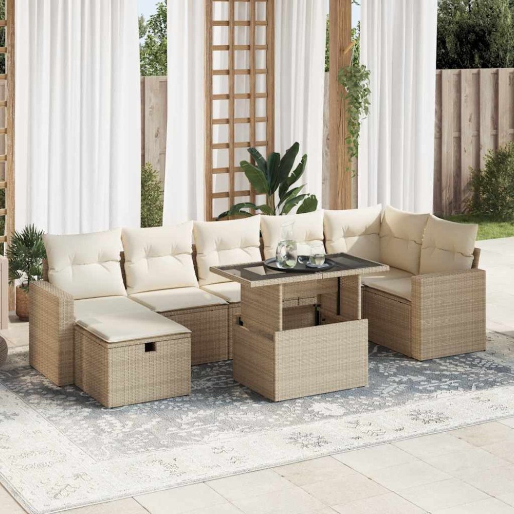 vidaXL Matgrupp för trädgården med dynor 8 delar beige konstrotting