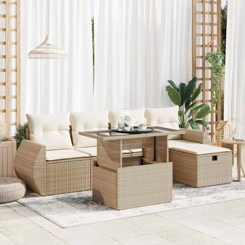 vidaXL Soffgrupp för trädgården med dynor 6 delar beige konstrotting