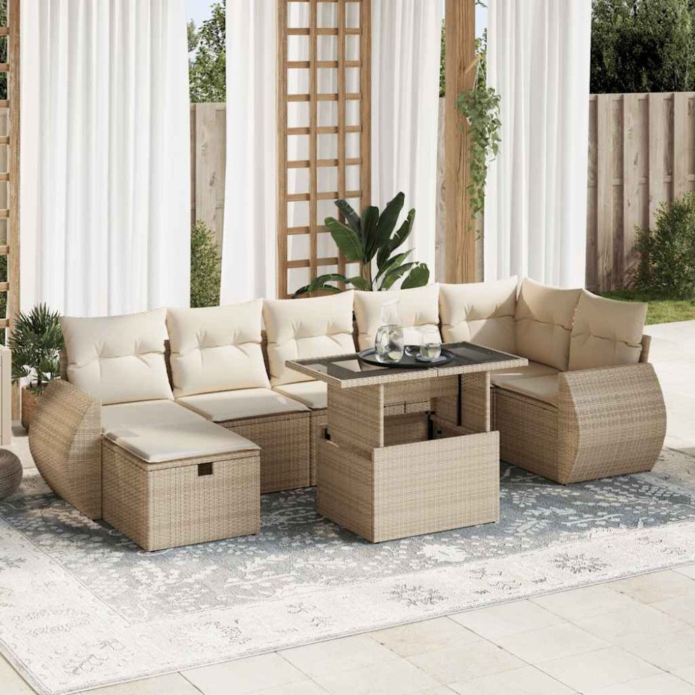vidaXL Matgrupp för trädgården med dynor 8 delar beige konstrotting