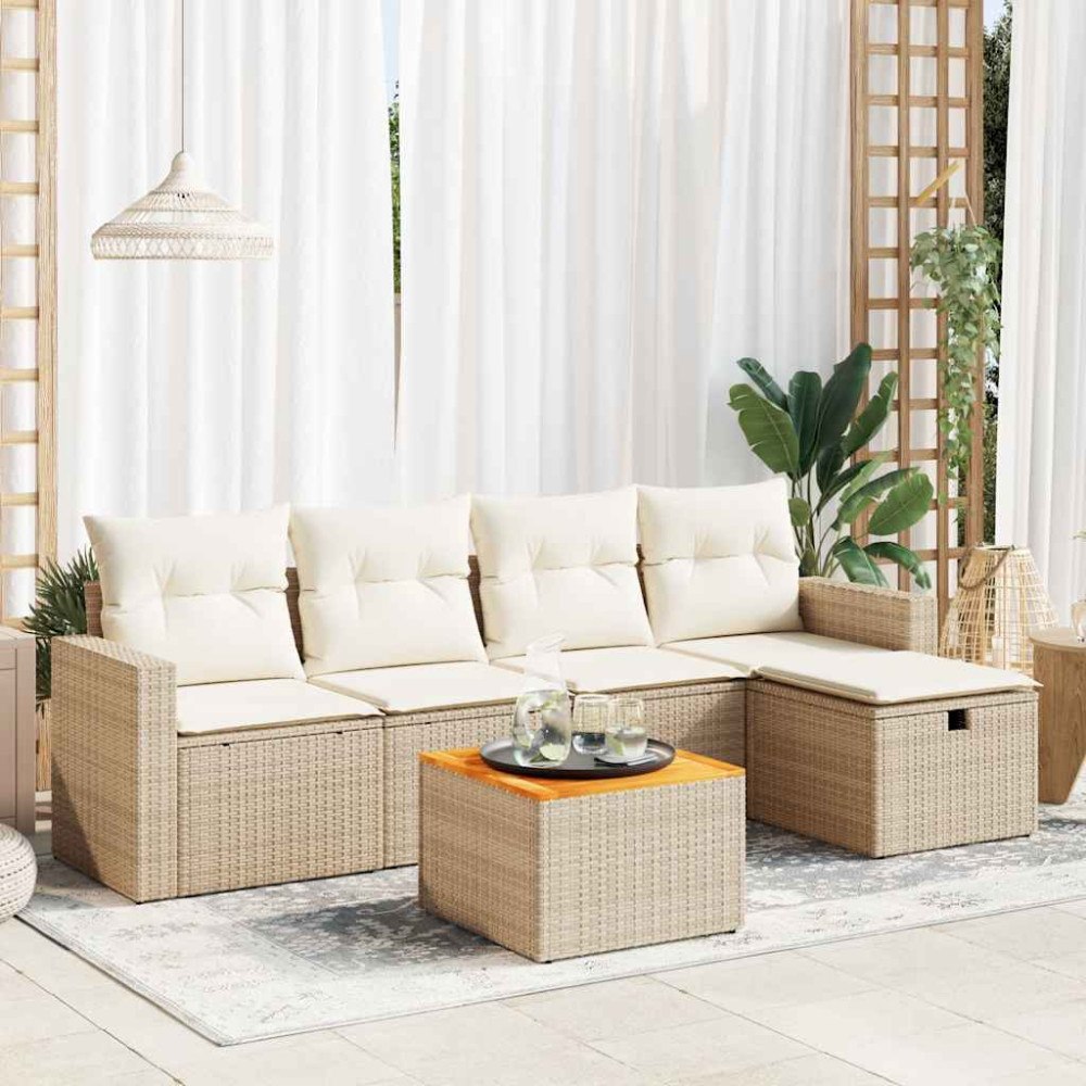vidaXL Soffgrupp för trädgården med dynor 6 delar beige konstrotting