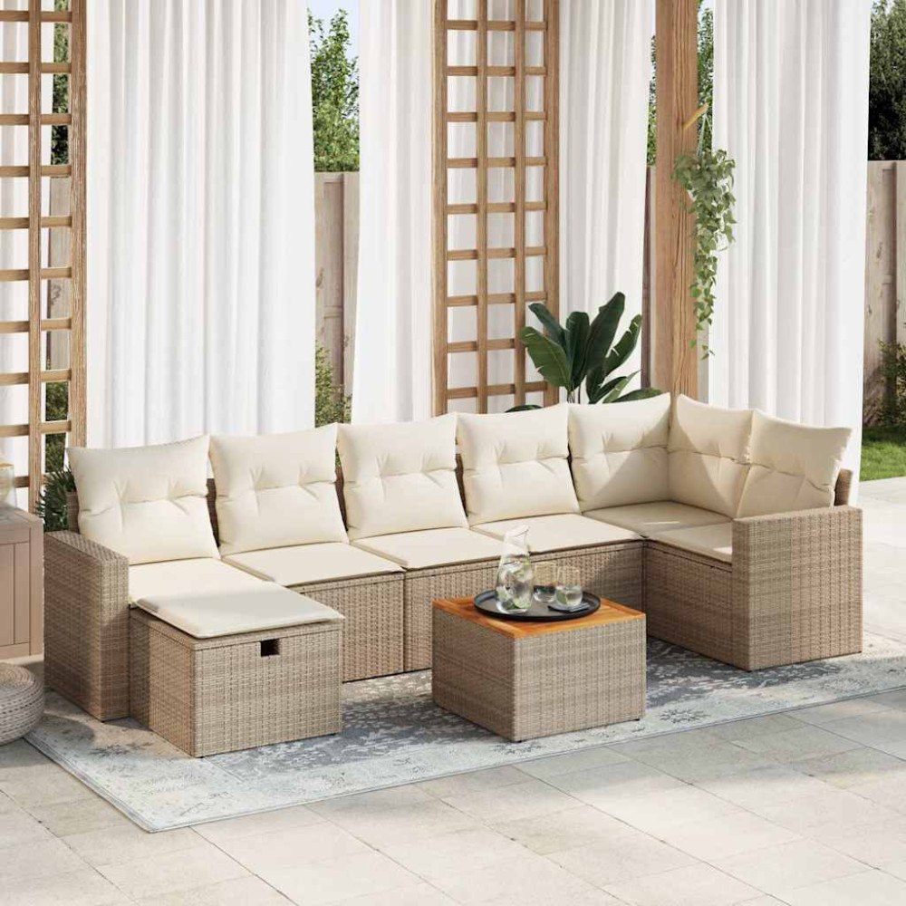vidaXL Matgrupp för trädgården med dynor 8 delar beige konstrotting