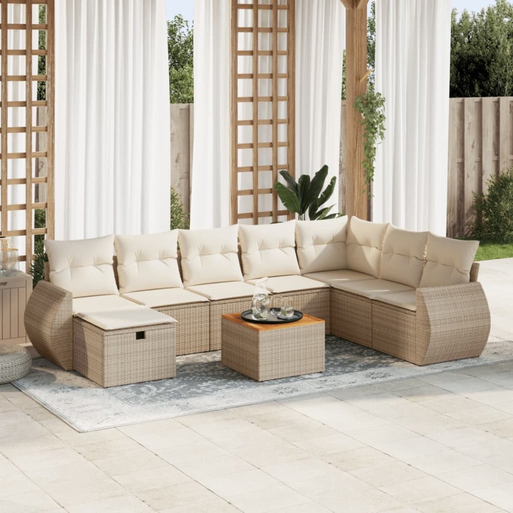 vidaXL Soffgrupp för trädgården med dynor 9 delar beige konstrotting