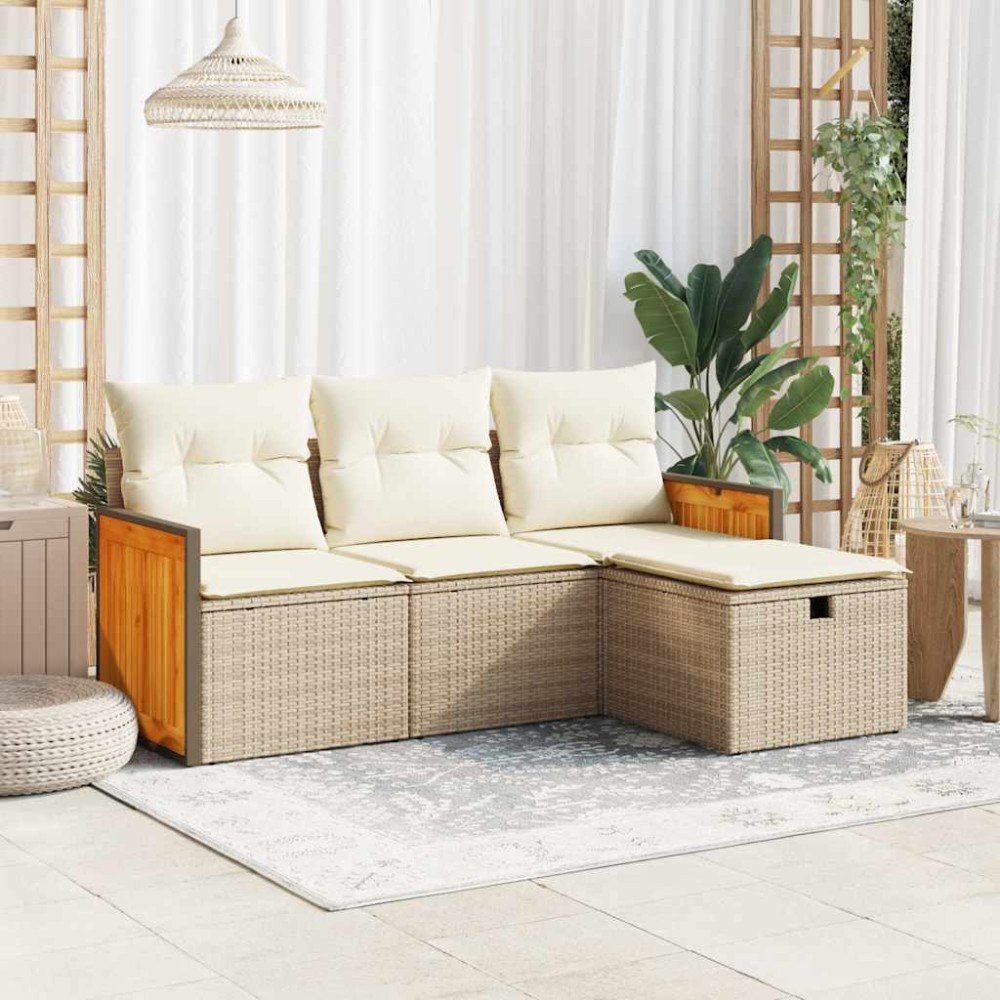 vidaXL Soffgrupp för trädgård med dynor 4 delar beige konstrotting