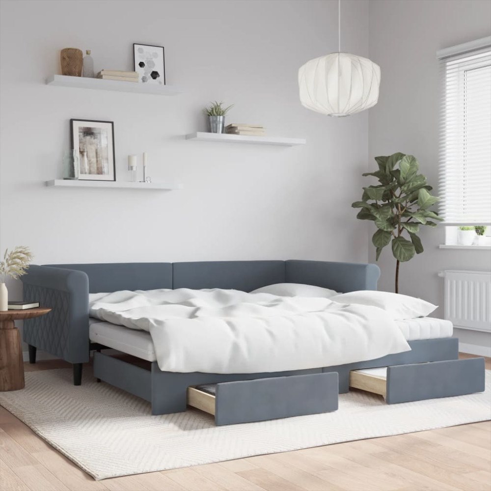 vidaXL Dagbädd utdragbar med lådor mörkgrå 100x200 cm sammet
