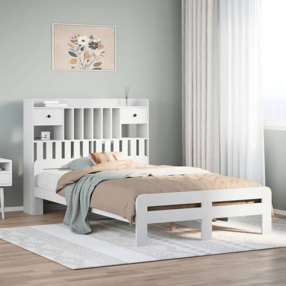 vidaXL Säng med bokhylla utan madrass vit 135x190cm massiv furu