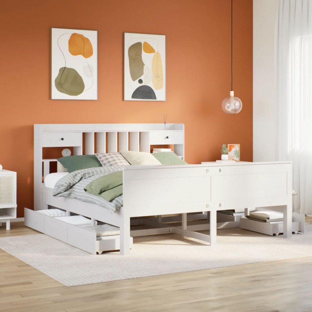 vidaXL Säng med bokhylla utan madrass vit 180x200cm massiv furu