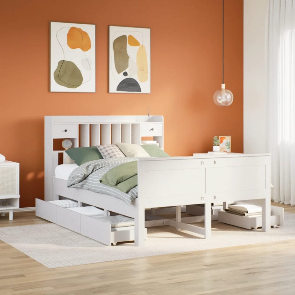 vidaXL Säng med bokhylla utan madrass vit 150x200cm massiv furu