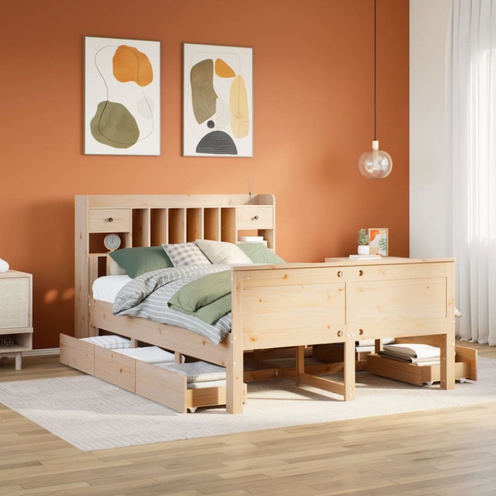 vidaXL Säng med bokhylla utan madrass 140x190cm massiv furu