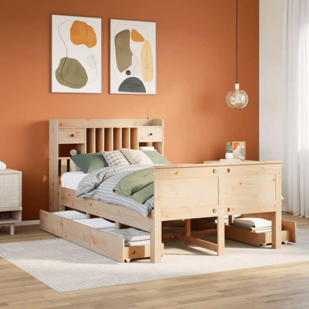 vidaXL Säng med bokhylla utan madrass 135x190cm massiv furu