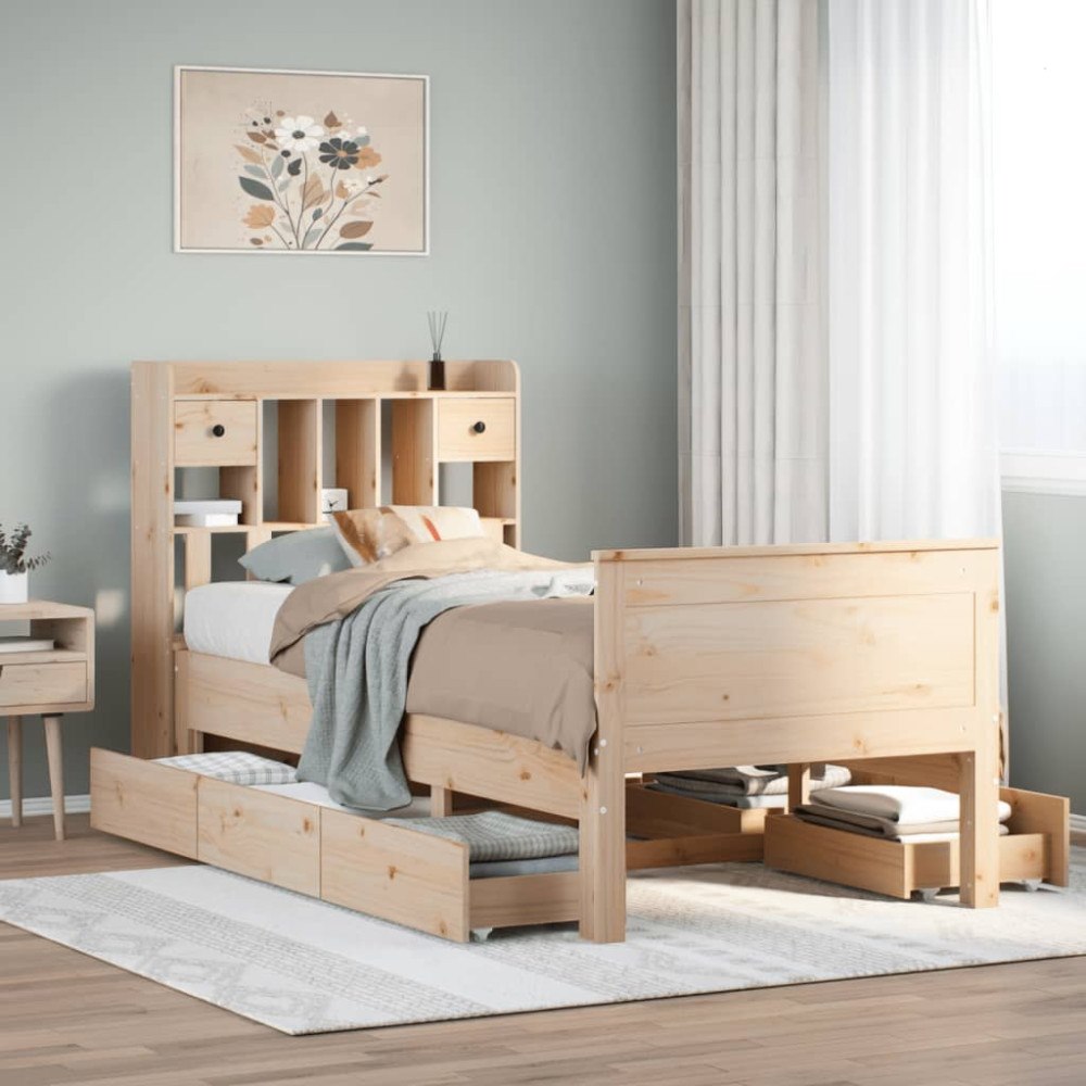 vidaXL Säng med bokhylla utan madrass 75x190cm massiv furu
