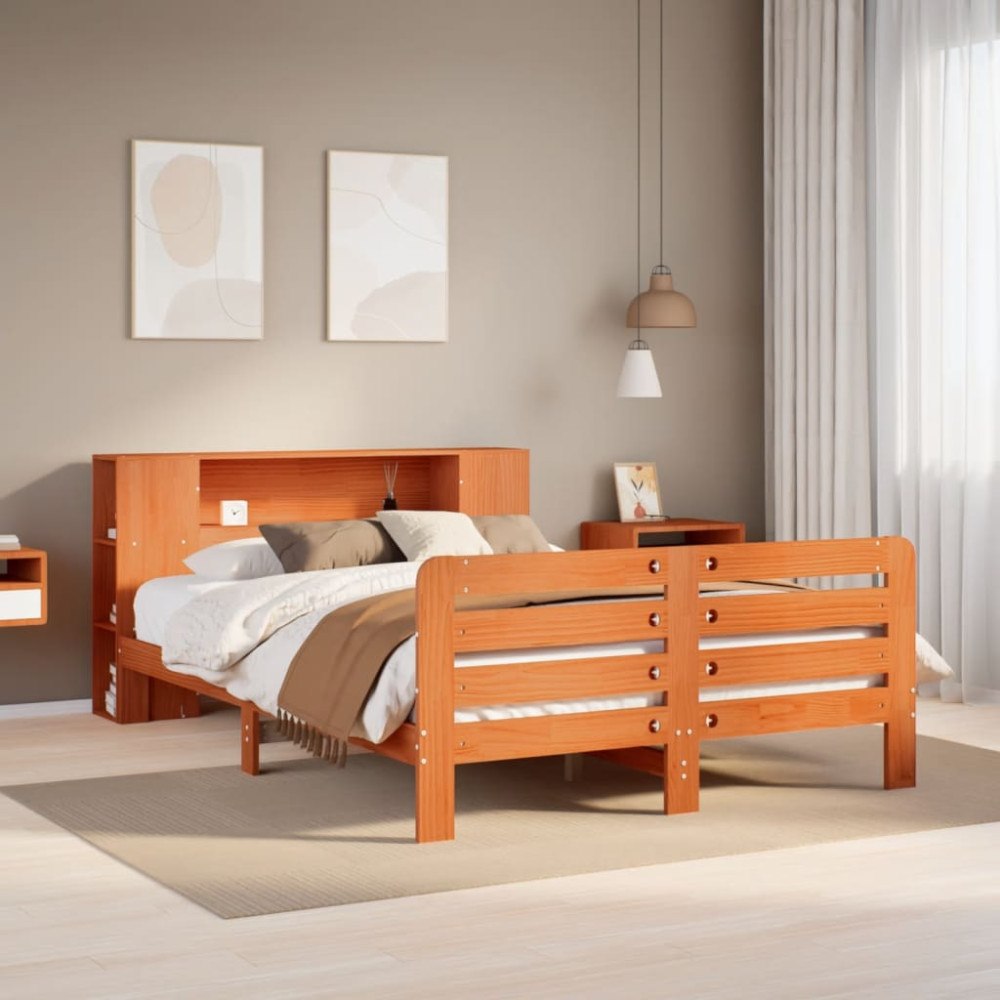 vidaXL Sängram utan madrass vaxbrun 135x190 cm massiv furu