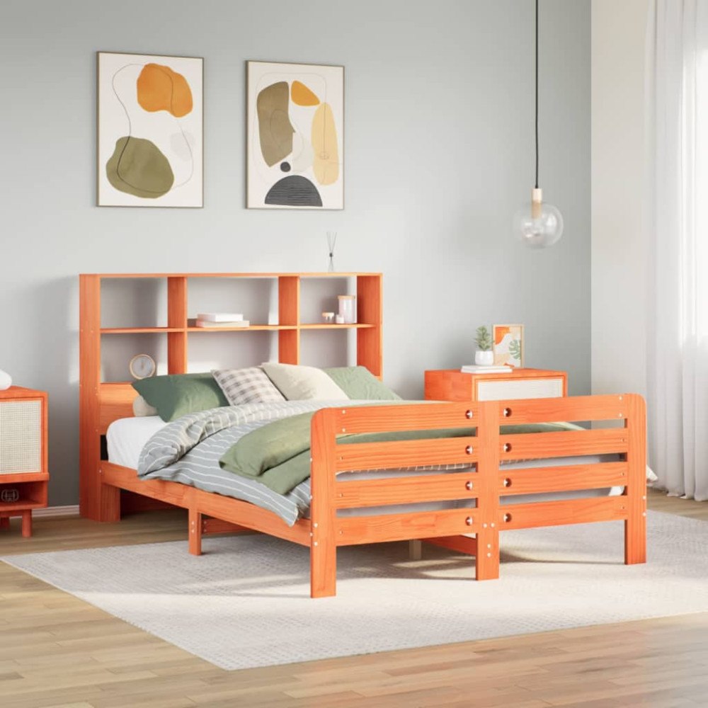 vidaXL Sängram utan madrass vaxbrun 135x190 cm massiv furu