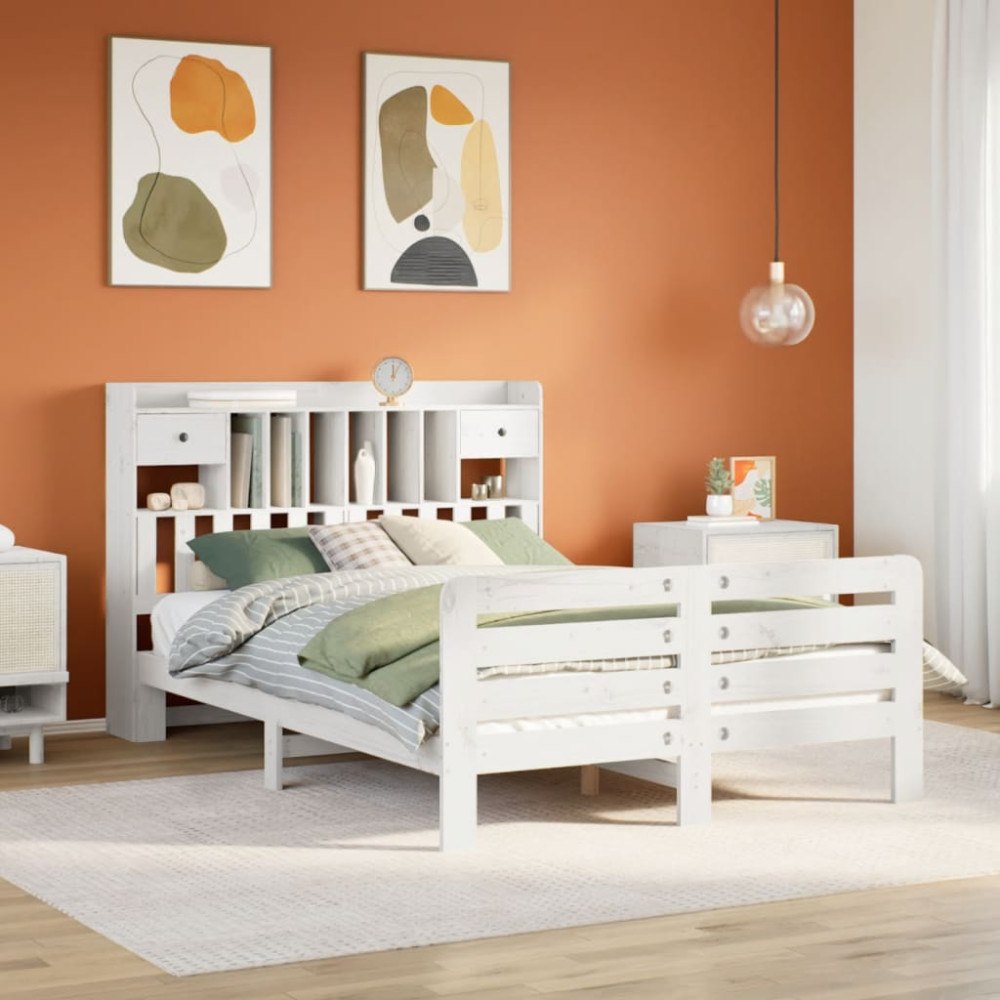 vidaXL Säng med bokhylla utan madrass vit 150x200 cm massiv furu