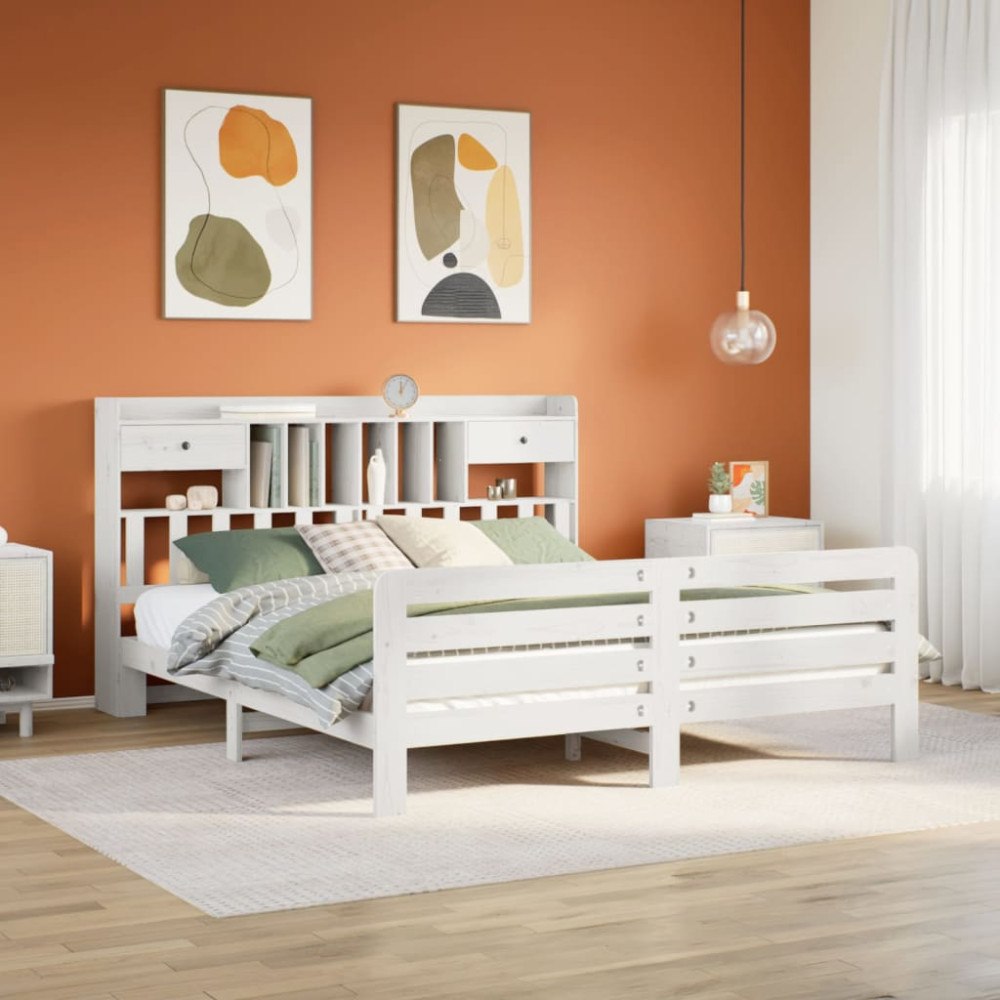 vidaXL Säng med bokhylla utan madrass vit 180x200cm massiv furu