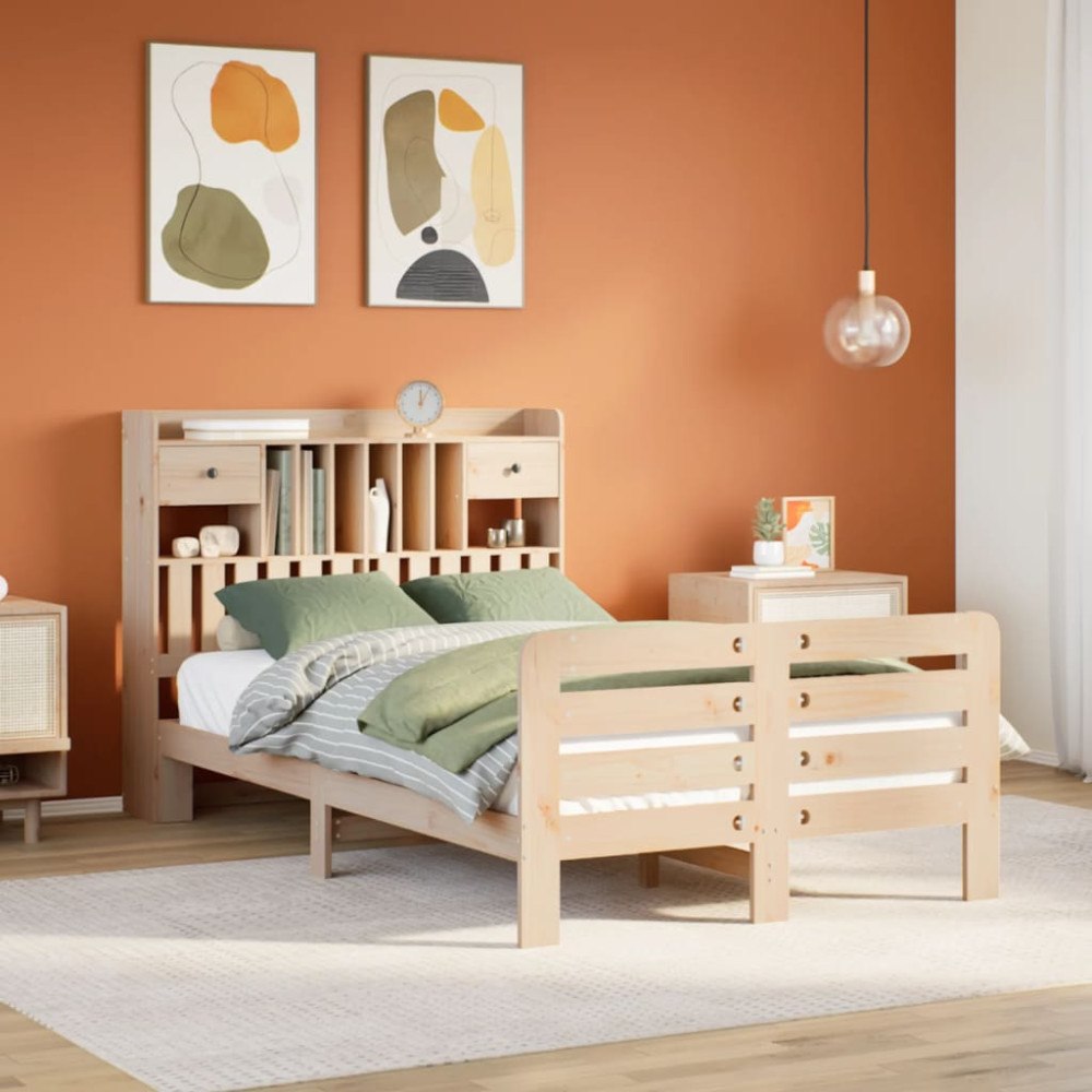 vidaXL Säng med bokhylla utan madrass 135x190cm massiv furu