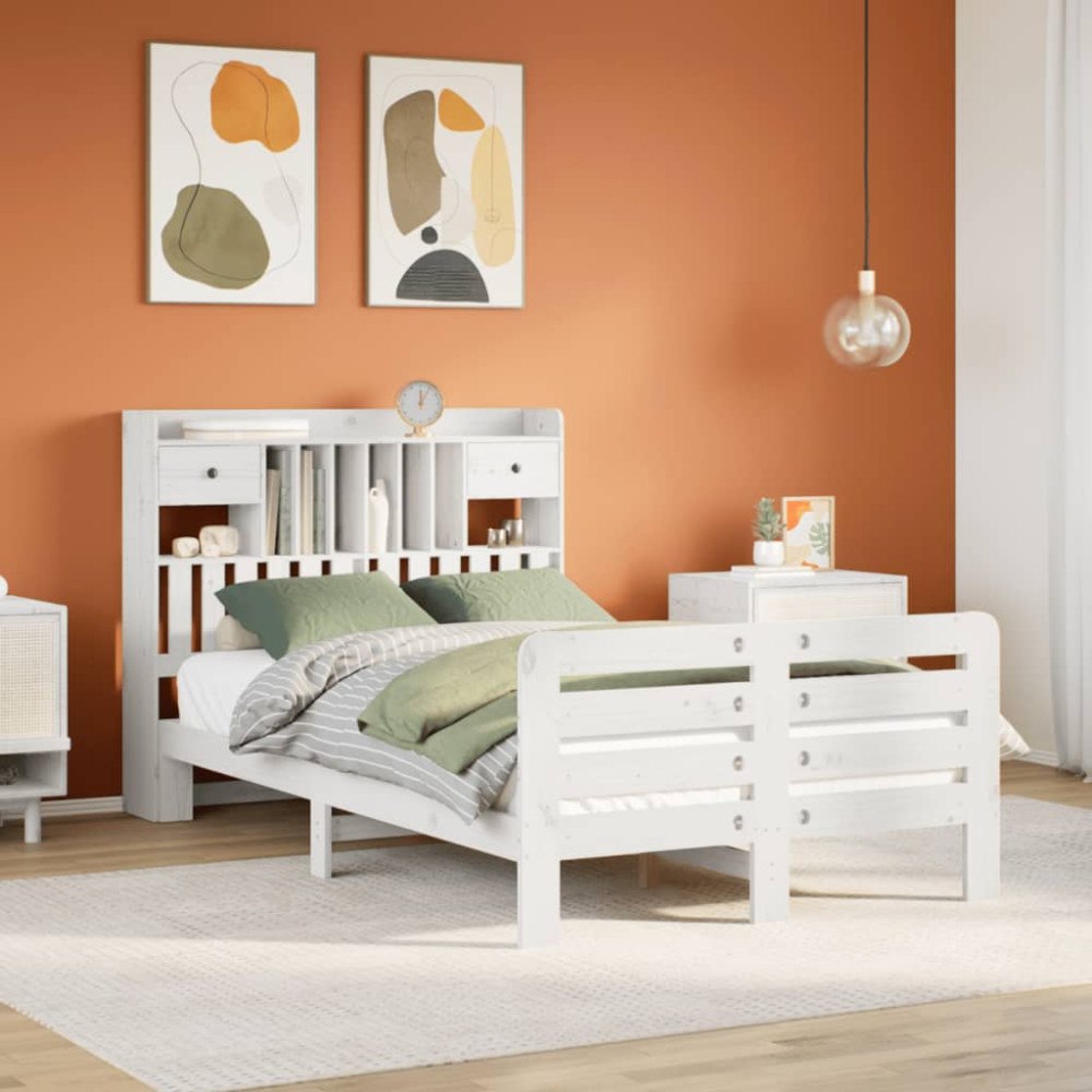 vidaXL Säng med bokhylla utan madrass vit 135x190cm massiv furu