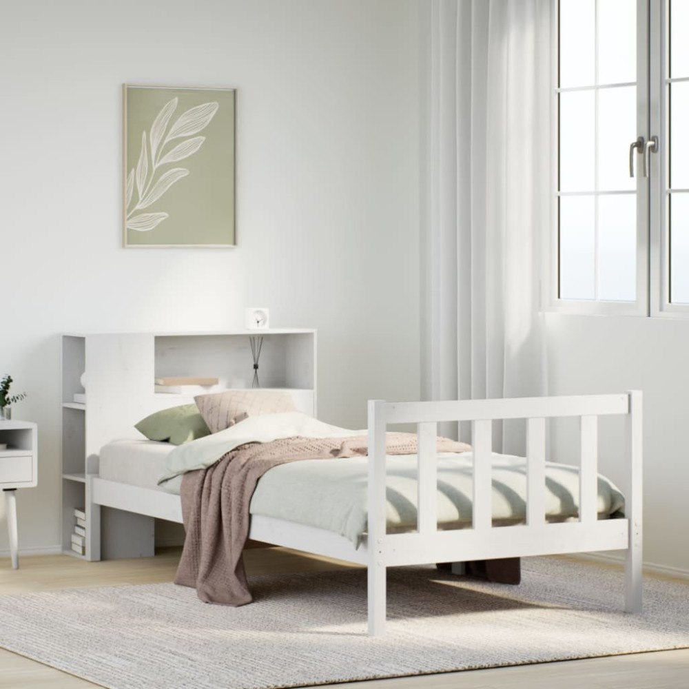 vidaXL Säng med bokhylla utan madrass vit 100x200cm massiv furu