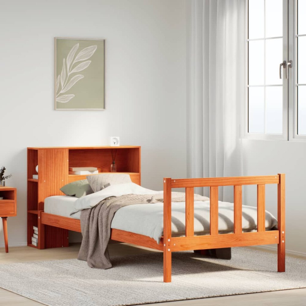 vidaXL Säng med bokhylla utan madrass vaxbrun 100x200 cm massiv furu