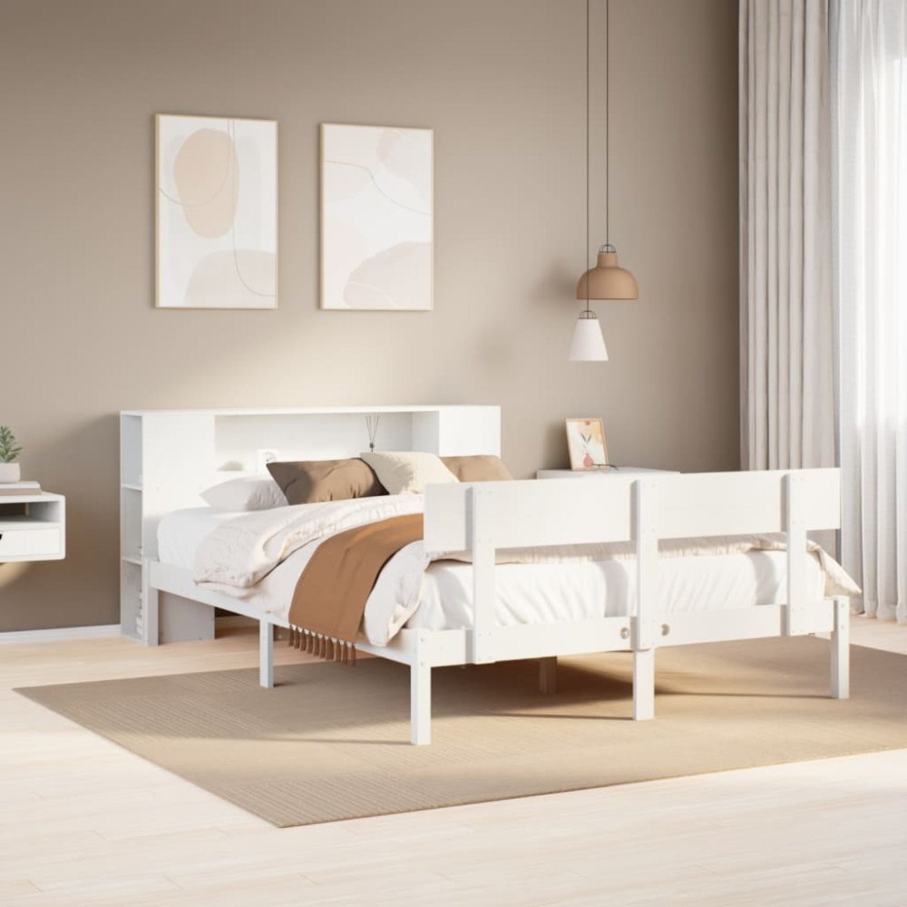 vidaXL Säng med bokhylla utan madrass vit 140x190cm massiv furu