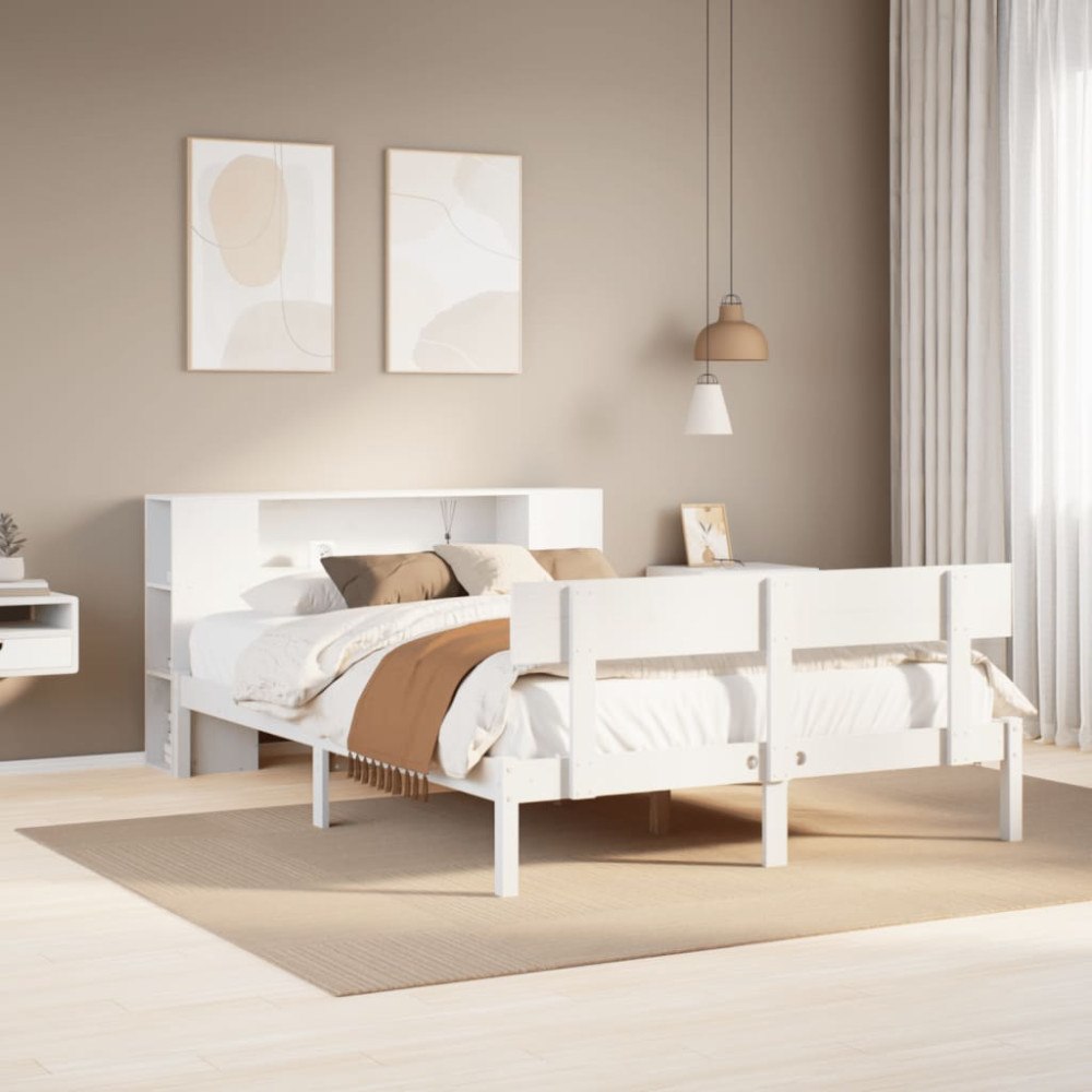 vidaXL Säng med bokhylla utan madrass vit 150x200cm massiv furu