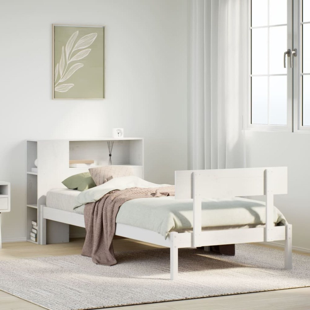 vidaXL Säng med bokhylla utan madrass vit 75x190cm massiv furu