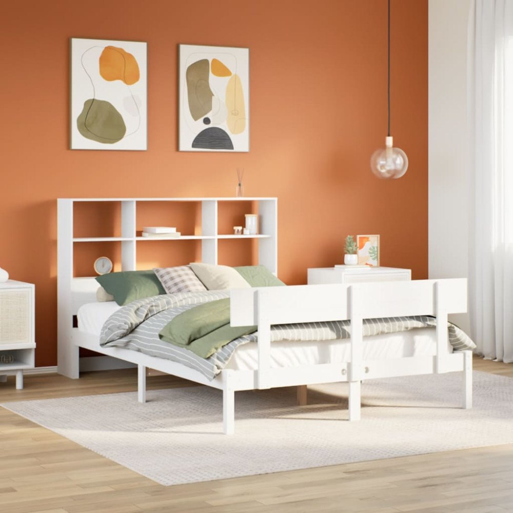 vidaXL Säng med bokhylla utan madrass vit 160x200cm massiv furu